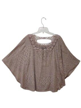 French Laundry Dark Beige Crochet Collar Keyhole Back Batwing Burnout Top